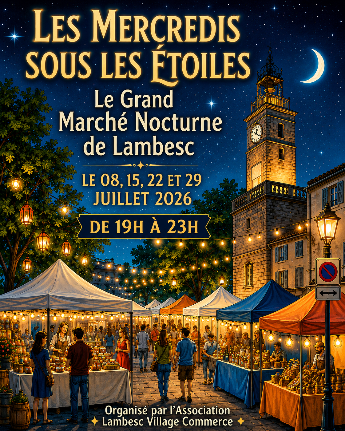 Affiche du Grand Marché Nocturne de Lambesc Les Mercredis sous les Étoiles avec la tour de l'horloge, les stands illuminés et les dates des soirées de juillet 2026.