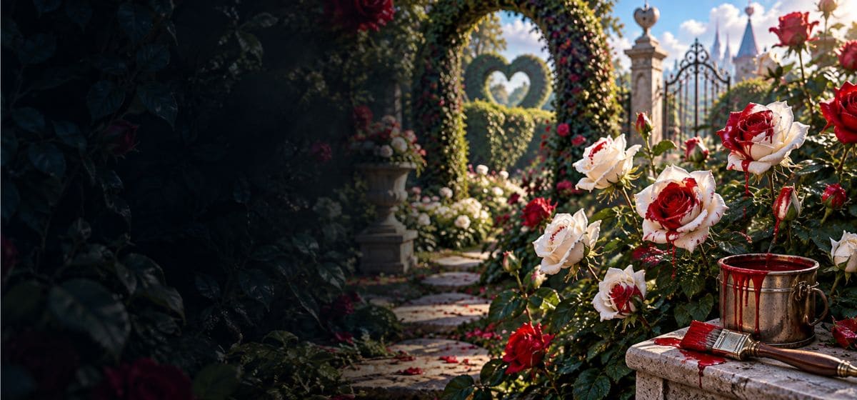 Jardin du Pays des Merveilles avec des roses blanches peintes en rouge