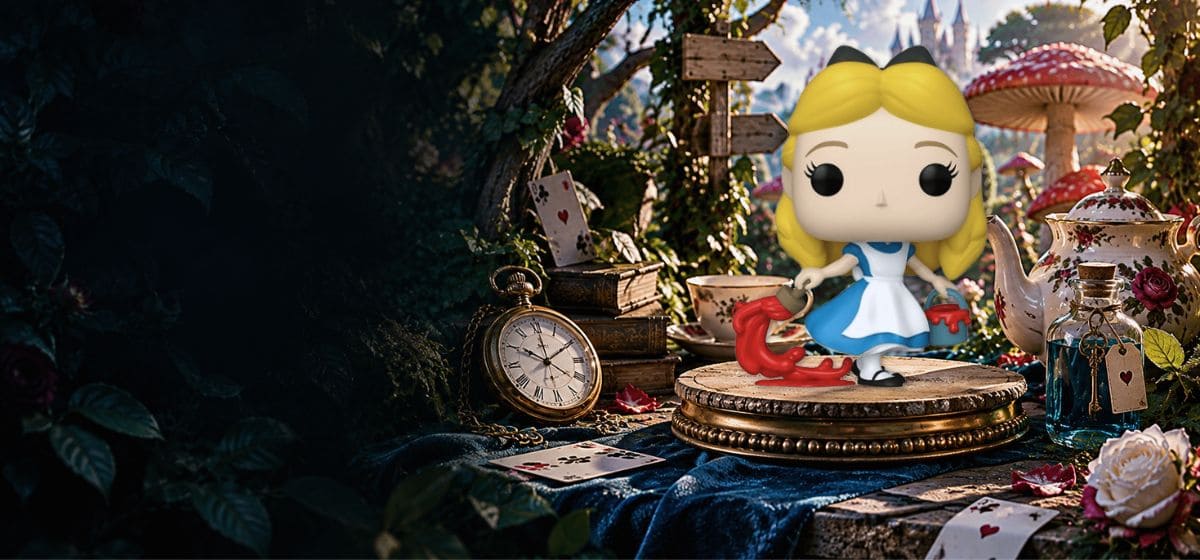 Funko Pop Alice with Paint #1769 exposée dans un décor inspiré du Pays des Merveilles