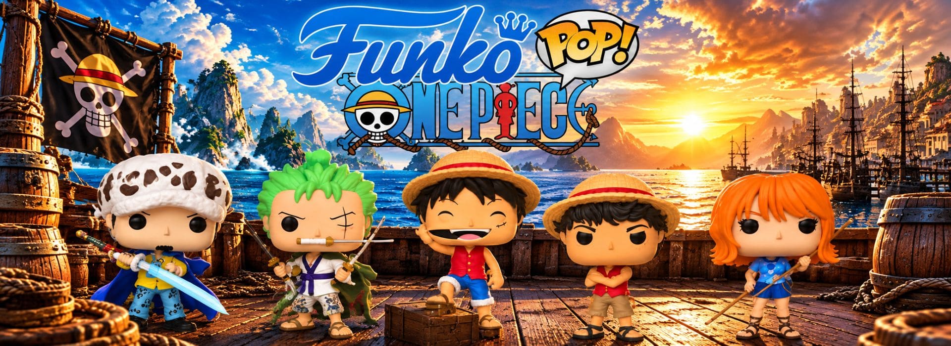 Funko Pop One Piece : Law, Zoro et Luffy côté anime, puis Luffy, Nami et Zoro côté Netflix, sur un pont de bateau.
