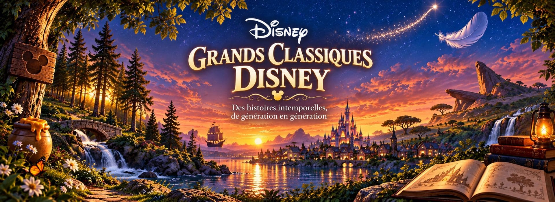 Grands classiques Disney dans un paysage féerique avec château, forêt et livre de contes