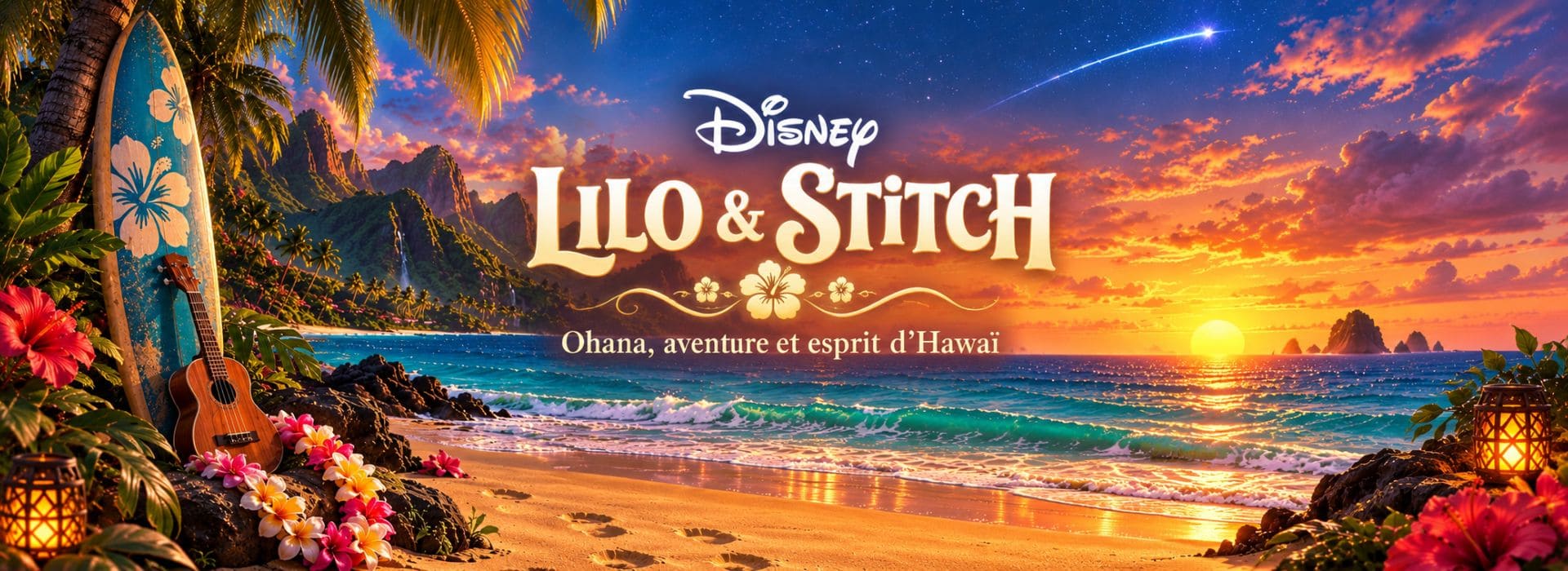 Lilo & Stitch Disney dans un paysage hawaïen avec plage, surf et ukulélé