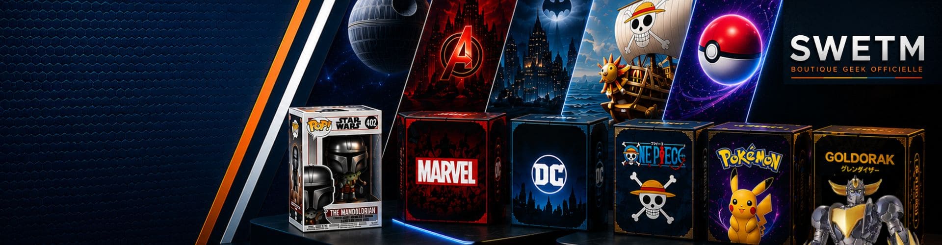 Bannière d’accueil SWETM présentant les univers Star Wars, Marvel, DC Comics, One Piece, Pokémon et Goldorak avec figurines Funko Pop et produits officiels de collection.