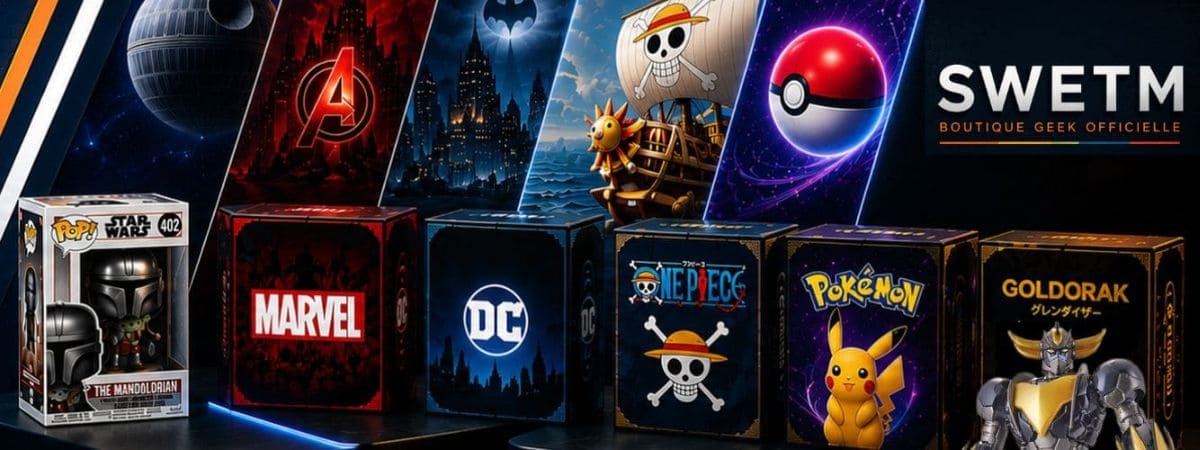 Bannière SWETM présentant les univers Star Wars, Marvel, DC, One Piece, Pokémon et Goldorak