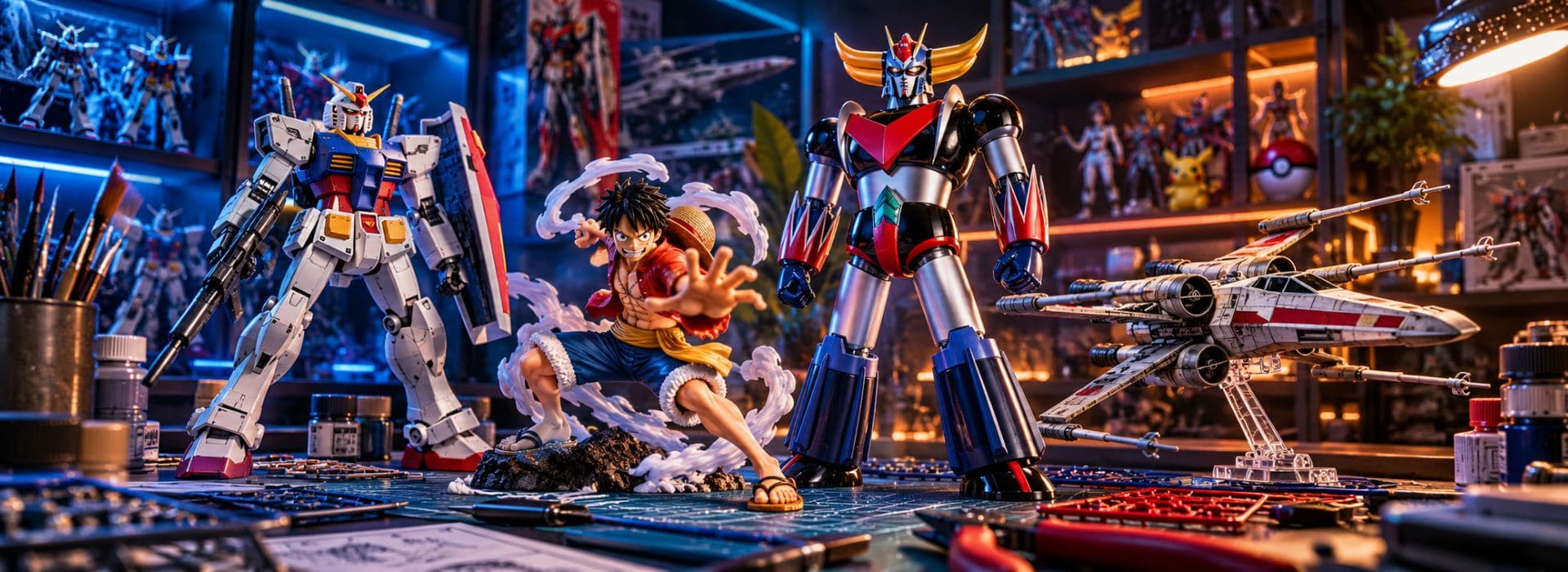 Bannière Bandai représentant un atelier de modélisme avec des maquettes inspirées de Gundam, Goldorak, One Piece et Star Wars, entourées d'outils de montage sous un éclairage bleu et ambré.