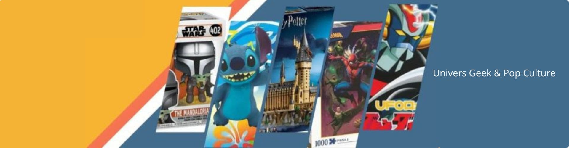 Bannière SWETM présentant plusieurs univers geek et pop culture : Star Wars The Mandalorian, Stitch Disney, Harry Potter, Spider-Man Marvel et Goldorak.