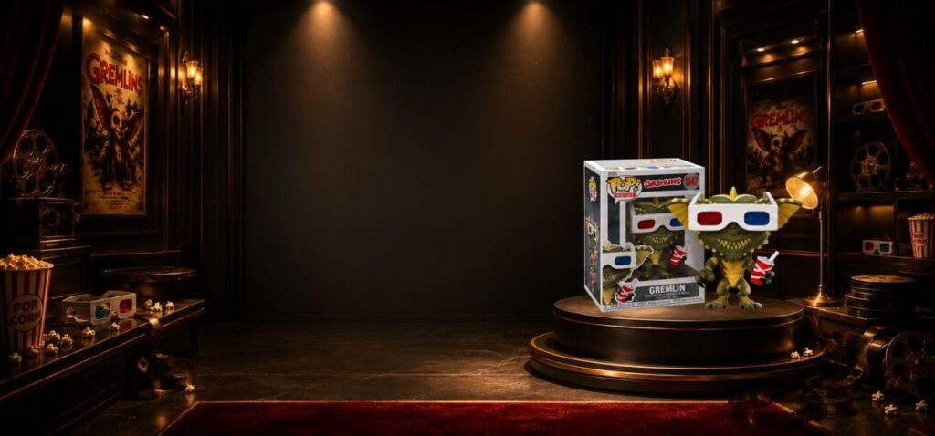 Bannière de conversion mettant en scène la Funko Pop Gremlin #1147 et sa boîte officielle dans un espace d’exposition premium inspiré de l’univers Gremlins, avec décor cinématographique évoquant une salle de cinéma des années 80.