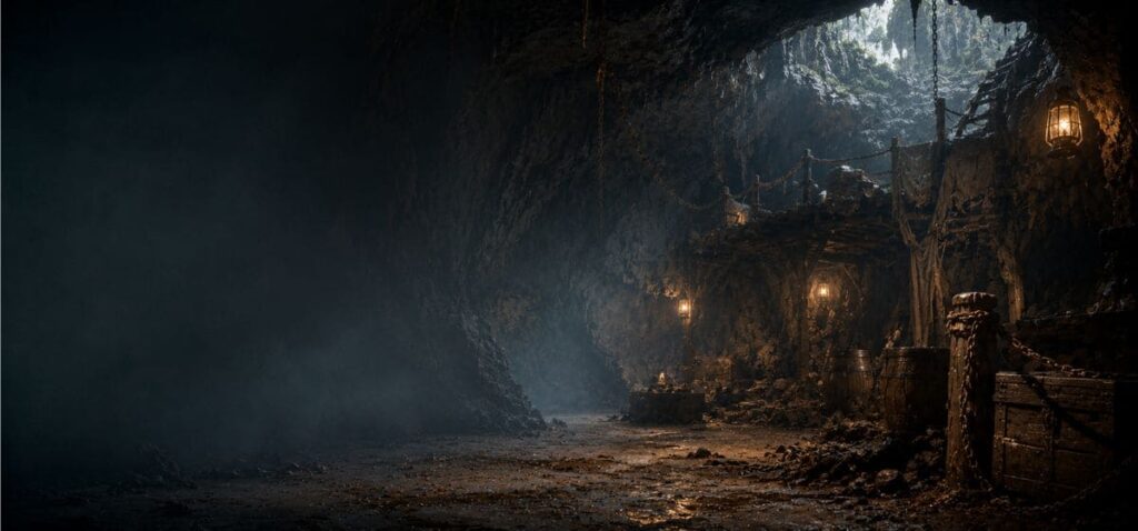 Bannière éditoriale représentant une ancienne grotte servant de refuge, avec des passerelles en bois, des lanternes, des chaînes et des rayons de lumière symbolisant l’espoir, inspirée de l’univers des Goonies.