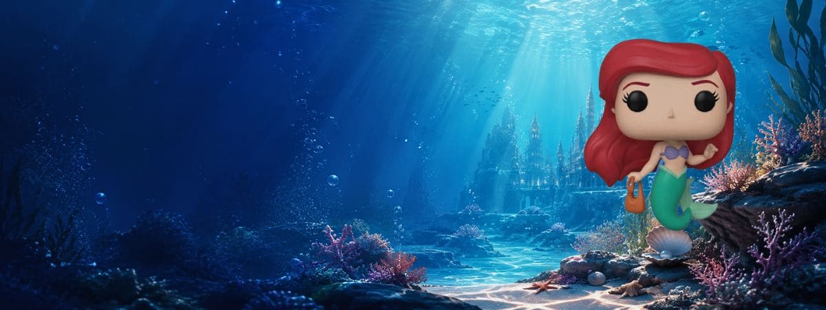 Décor sous-marin féerique avec palais marin, rayons de lumière, coraux et ambiance océanique illustrant l’univers de la Funko Pop Ariel #563 de La Petite Sirène.