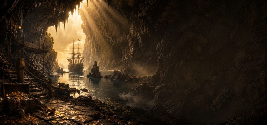 Bannière éditoriale inspirée de l’univers des Goonies représentant une immense grotte marine avec le navire de Willy le Borgne au loin.