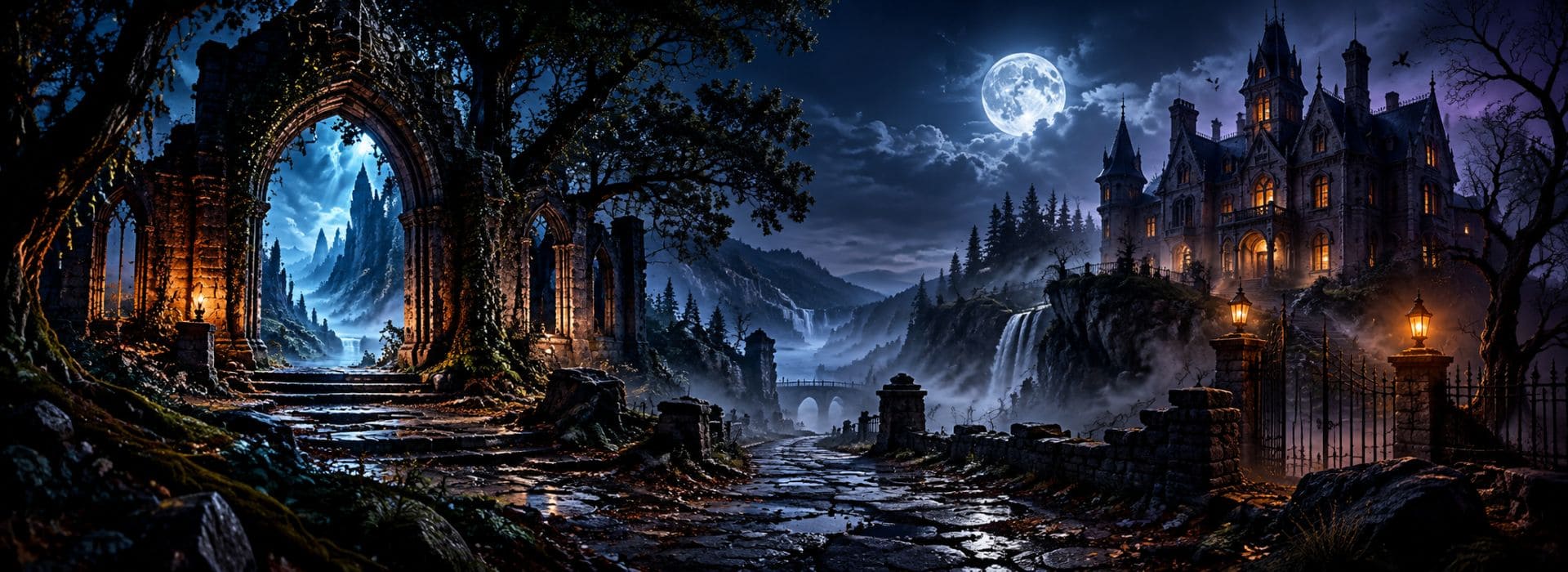 Portail gothique, chemin de pierre et manoir éclairé sous la pleine lune
