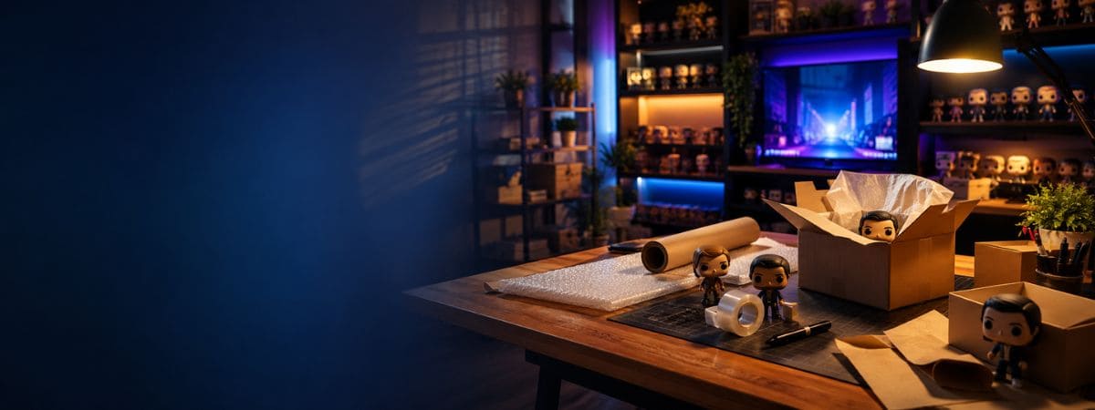 Espace de préparation de commandes SWETM avec matériel d’emballage soigné, décor Pop Culture chaleureux et ambiance dédiée aux collectionneurs de figurines Pop TV.