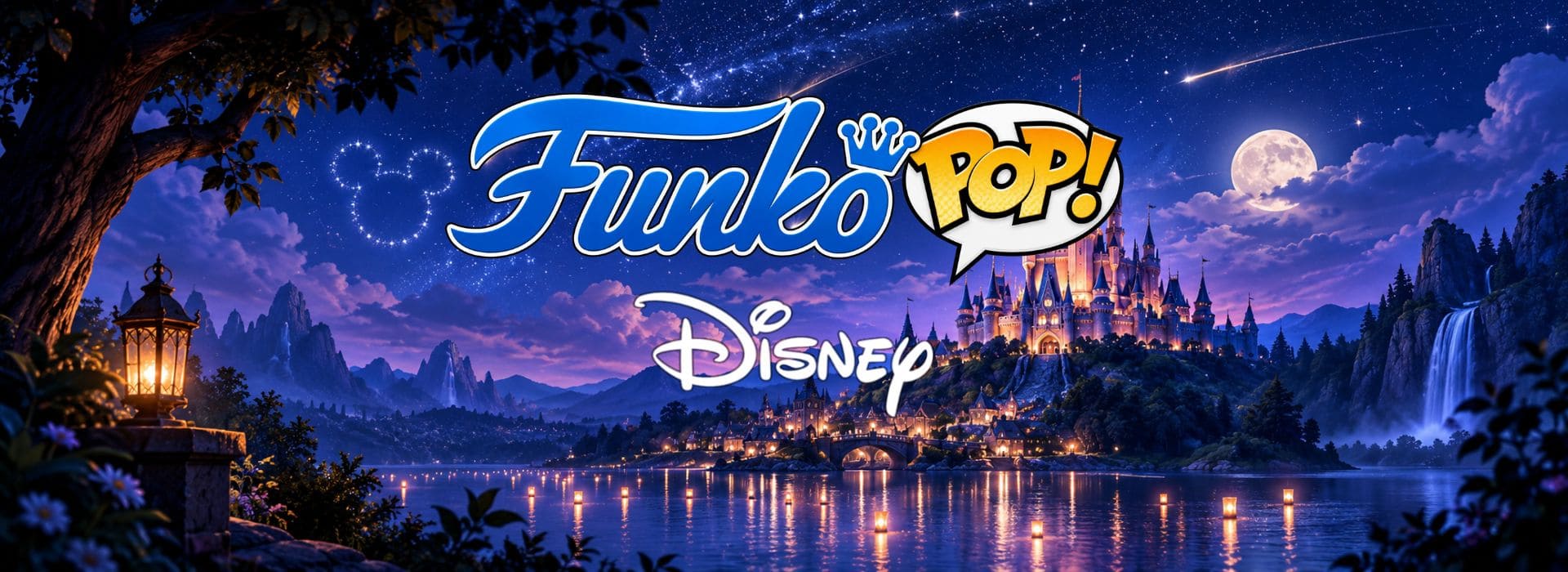 Bannière Funko Pop Disney avec château illuminé sous un ciel étoilé