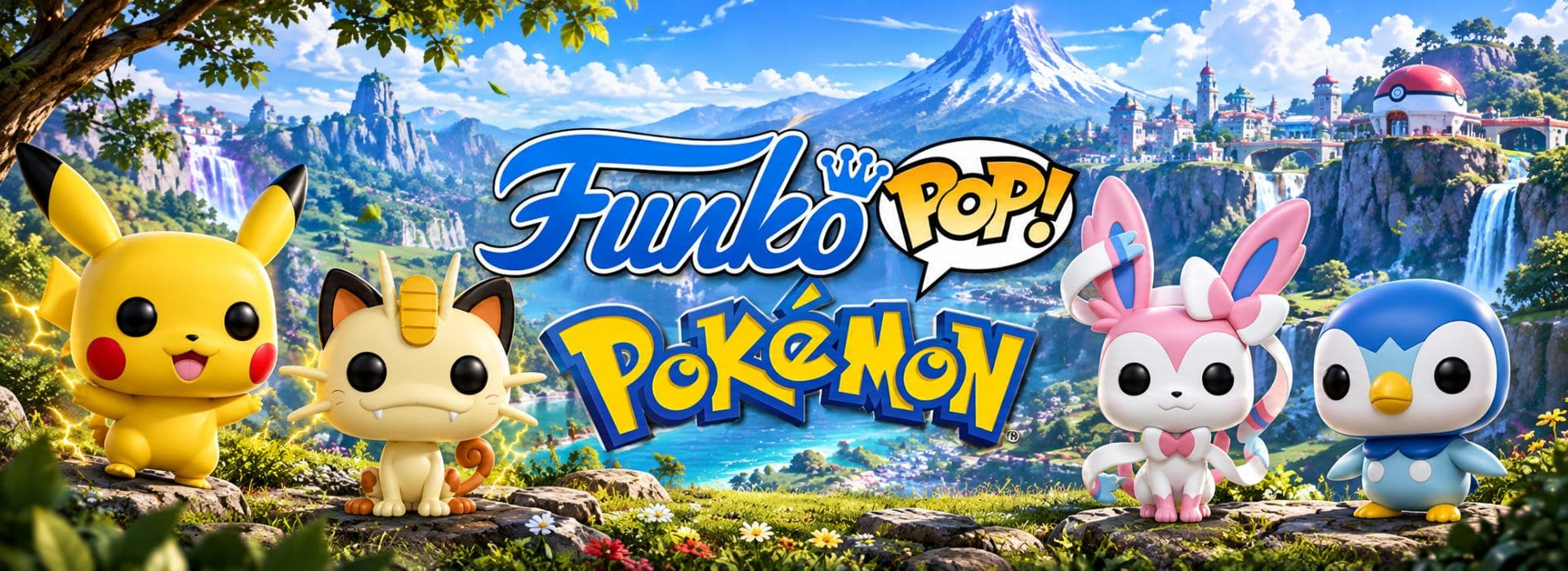 Bannière Funko Pop Pokémon avec Pikachu, Miaouss, Nymphali et Tiplouf dans un paysage verdoyant de montagnes et de cascades, avec les logos Funko Pop et Pokémon.