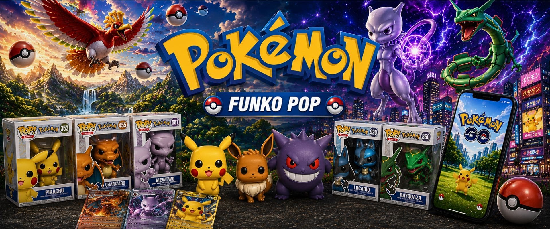 Collection Funko Pop Pokémon avec Pikachu, Dracaufeu, Mewtwo, Évoli, Ectoplasma, Lucario et Rayquaza dans un univers inspiré des jeux vidéo et de Pokémon GO.
