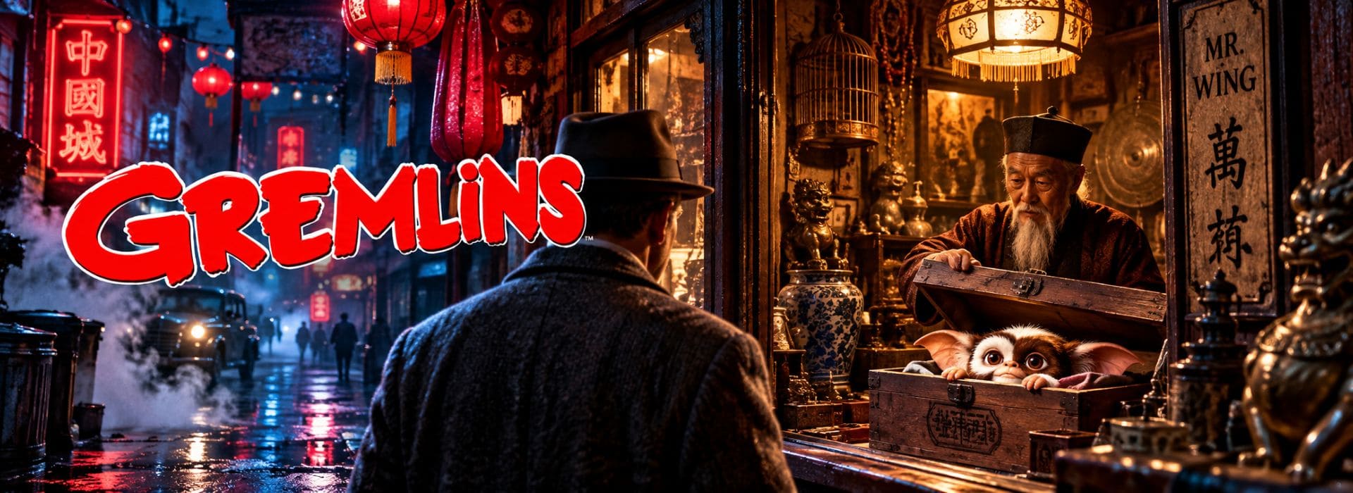 Bannière Gremlins avec Gizmo dans la boutique de Mr. Wing à Chinatown