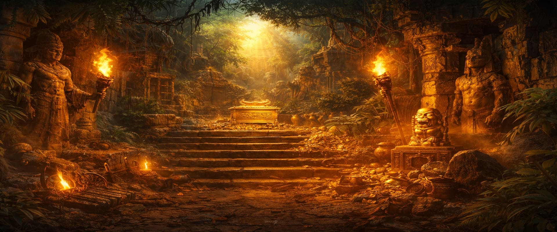Bannière d’aventure archéologique inspirée d’Indiana Jones avec temple ancien, jungle et artefacts dorés.