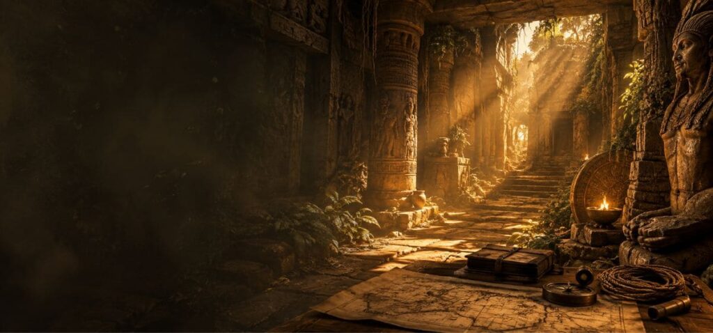 Temple antique baigné d'une lumière dorée avec colonnes monumentales, statues et vestiges archéologiques inspirés de l'univers Indiana Jones.