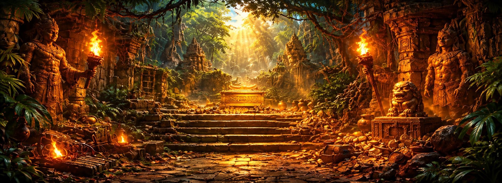 Bannière Indiana Jones représentant un temple ancien dans la jungle, avec un autel doré, des statues de pierre, des torches enflammées et un escalier menant à un trésor.