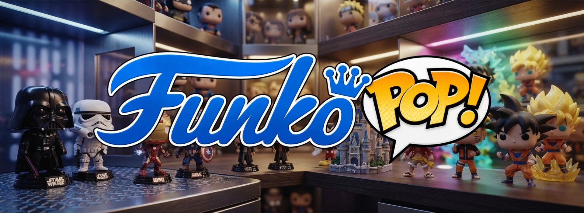 Bannière Funko Pop présentant des figurines Star Wars, Marvel, Harry Potter, Disney, One Piece, Naruto et Dragon Ball dans une galerie de collection.