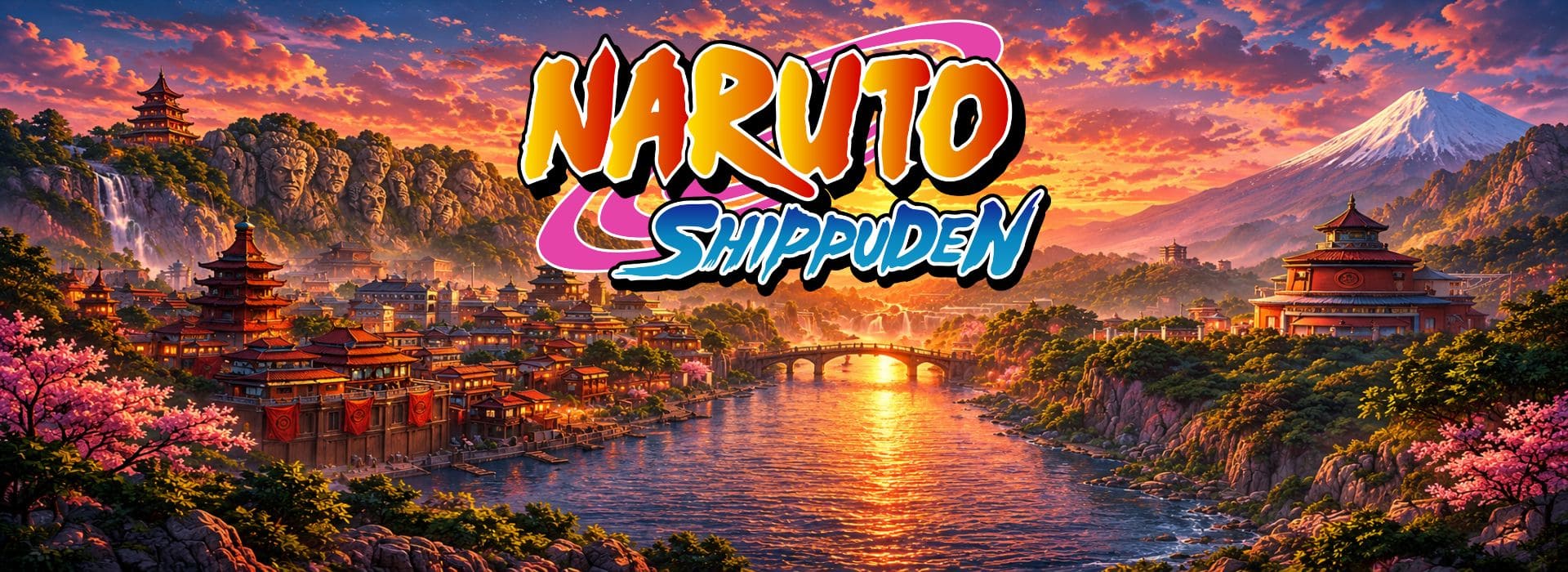 Bannière Naruto Shippuden représentant Konoha au coucher du soleil, avec les visages des Hokage sculptés dans la montagne, un pont et le logo Naruto Shippuden.