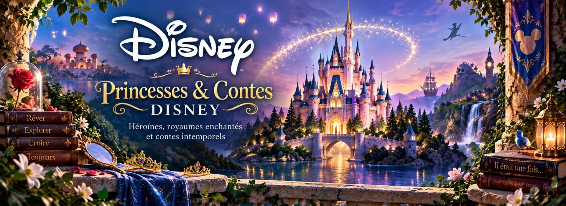 Univers Princesses et Contes Disney avec château féerique et symboles de contes