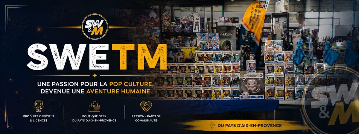 Bannière SWETM présentant le stand de la boutique geek au Cavaillon Geek Festival avec figurines Funko Pop, produits collectors et univers pop culture du Pays d’Aix-en-Provence