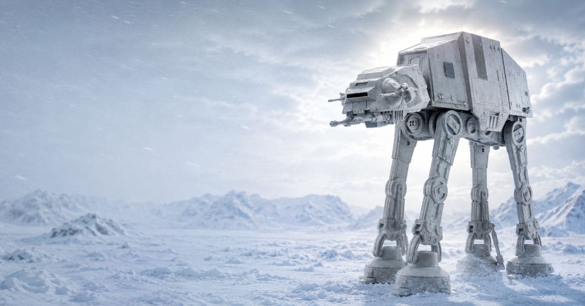 Univers glacé inspiré de la bataille de Hoth avec un AT-AT Walker Star Wars.