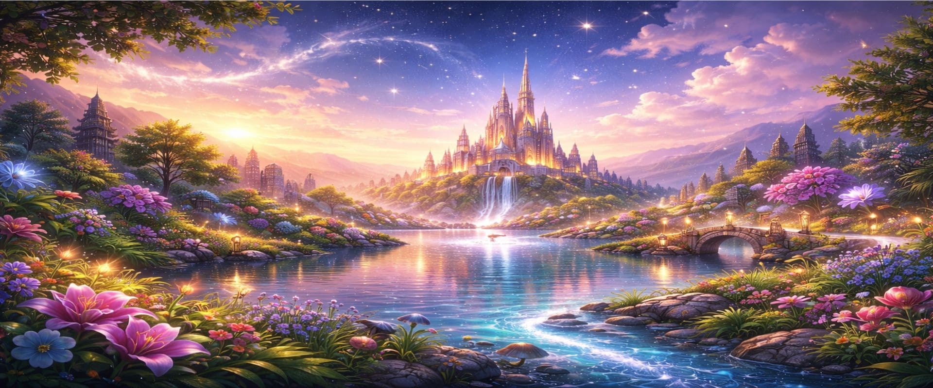 Bannière univers Disney avec décor féerique coloré, château stylisé et paysage magique lumineux inspiré des contes et films d’animation