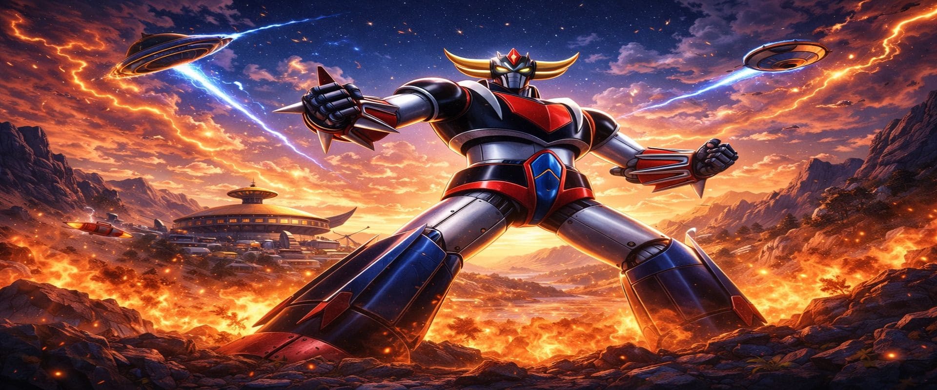 Bannière Goldorak représentant un robot géant de style mecha japonais dans un décor futuriste et épique