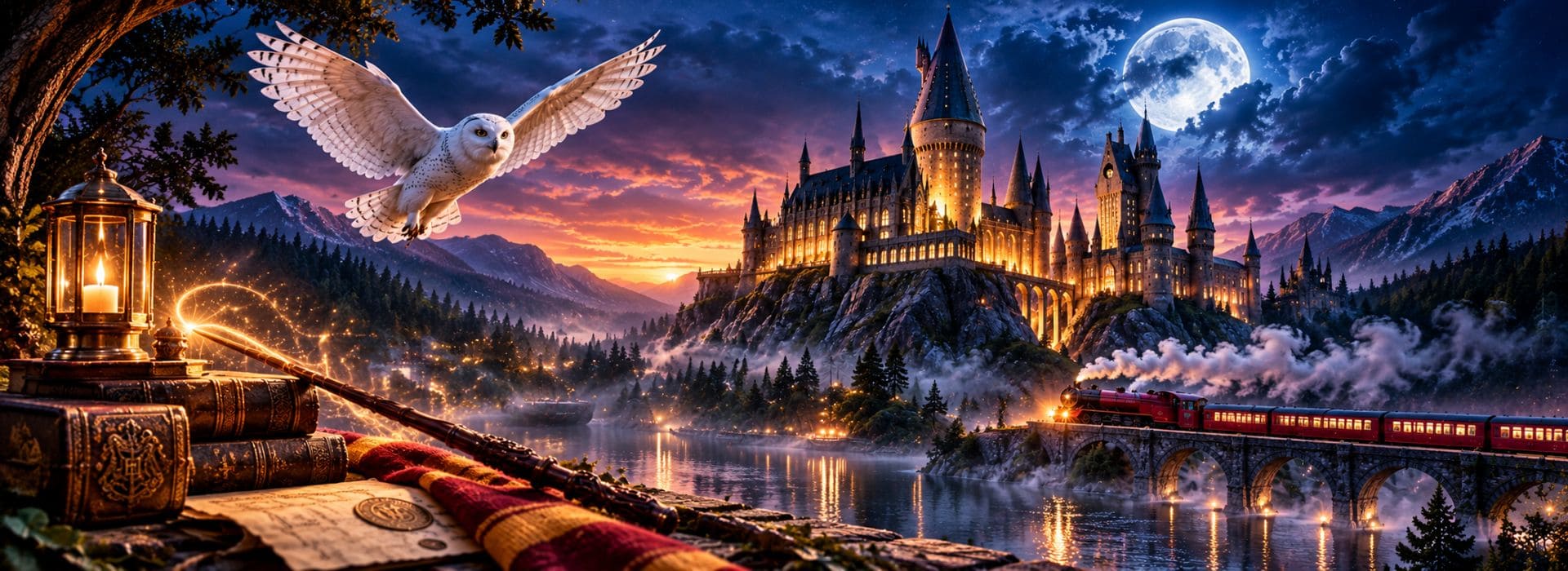Bannière de l'univers Harry Potter avec le château de Poudlard illuminé, Hedwige en vol et le Poudlard Express traversant un viaduc.