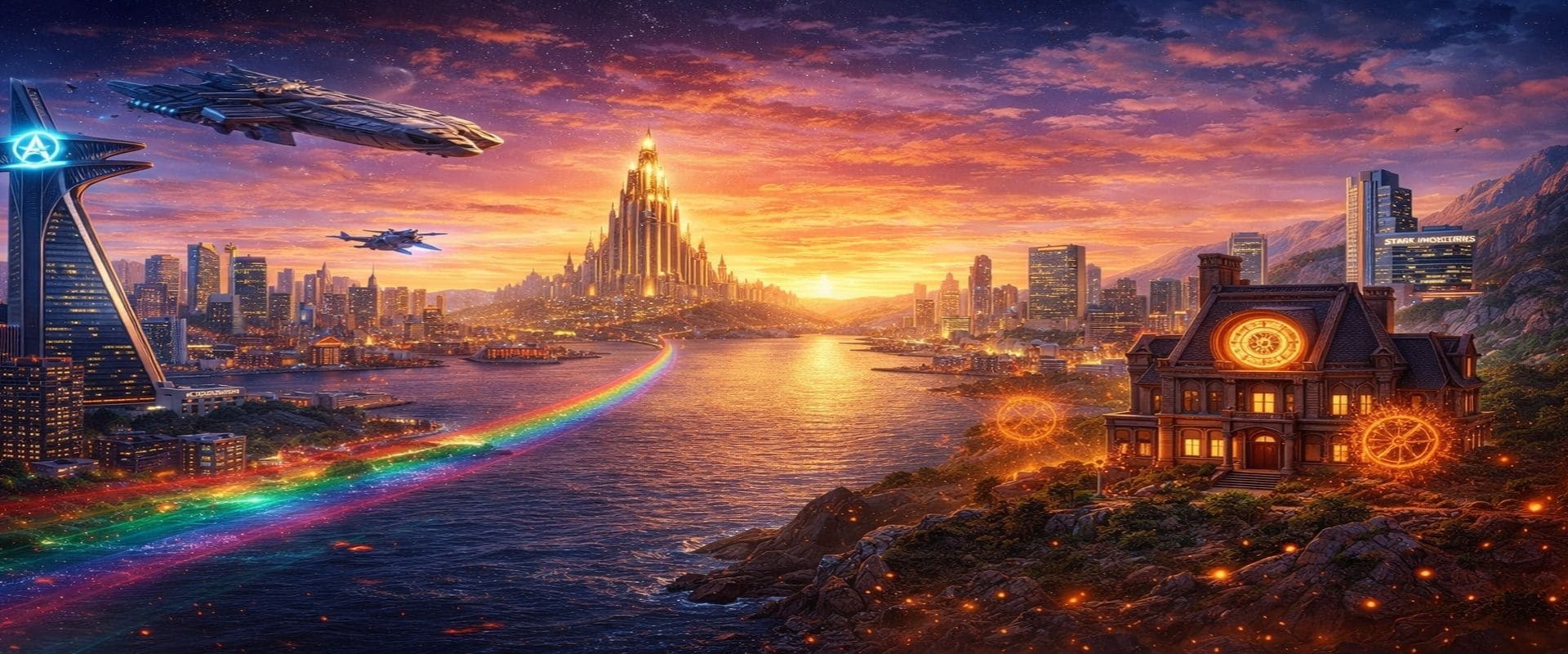 Décor urbain héroïque inspiré de l’univers Marvel avec architecture moderne, ambiance cinématographique et éclairage dynamique, sans personnages.