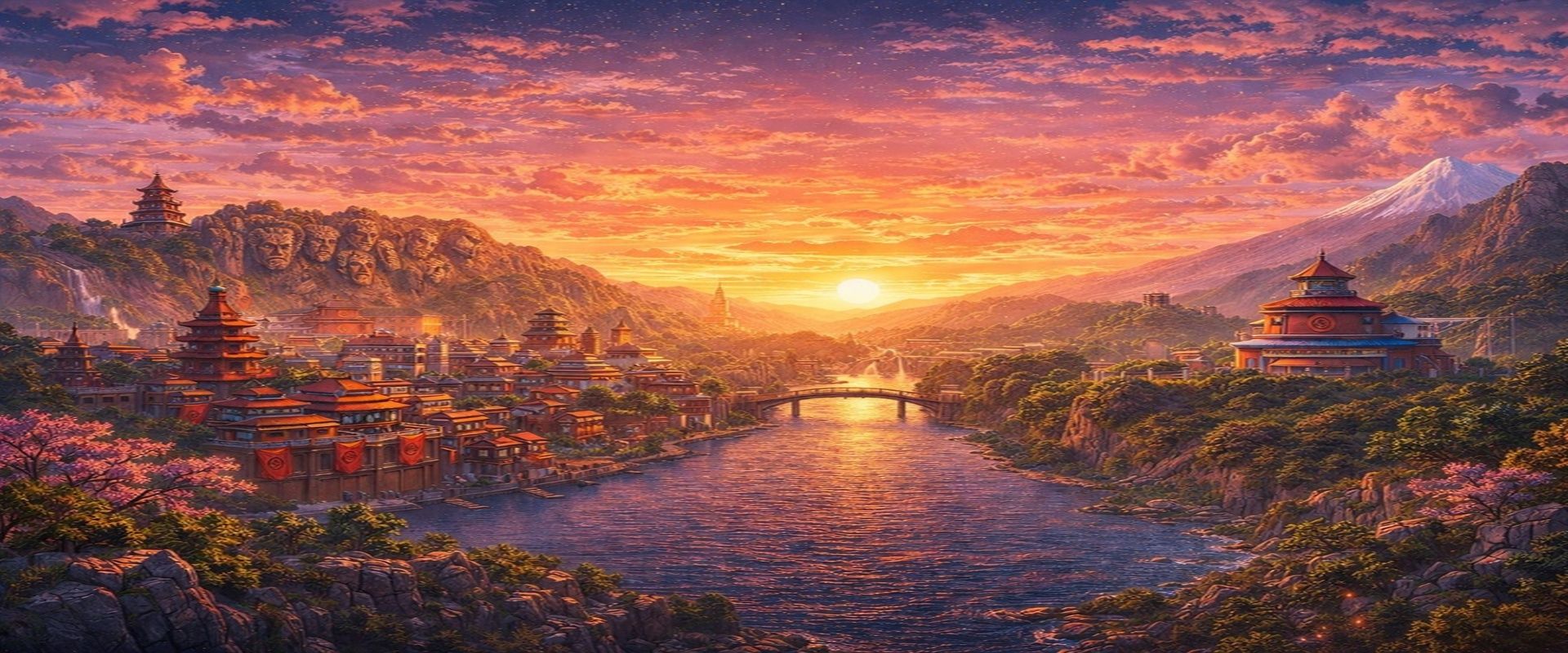 Décor panoramique inspiré de l’univers Naruto Shippuden avec paysage naturel, ciel dramatique et ambiance ninja, sans personnages ni symboles.