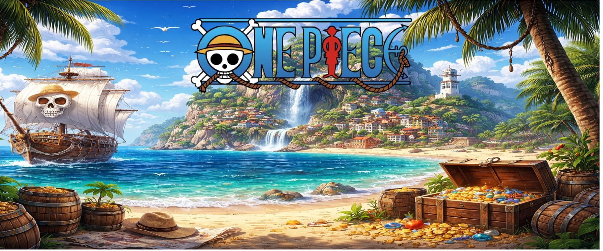 Décor inspiré de l’univers One Piece avec bateau pirate, trésor et paysage marin, sans personnage.