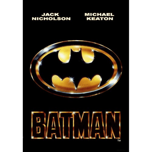 Affiche du film Batman (1989) avec le célèbre emblème de la chauve-souris dorée sur fond noir, Michael Keaton et Jack Nicholson