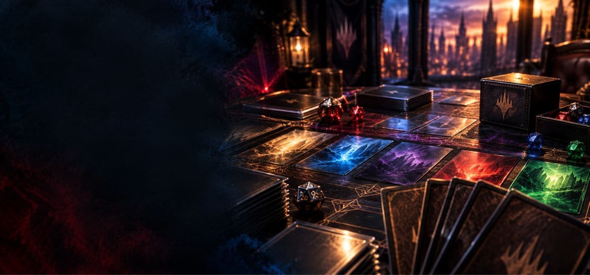 Table de jeu TCG prête pour une partie avec cartes, decks et accessoires dans une ambiance Magic Marvel