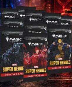 Neuf boosters de jeu Magic: The Gathering Marvel Super Heroes en français dans une ambiance de table TCG