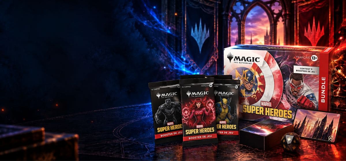 Bundle Magic Marvel Super Heroes avec boosters dans une ambiance de table TCG