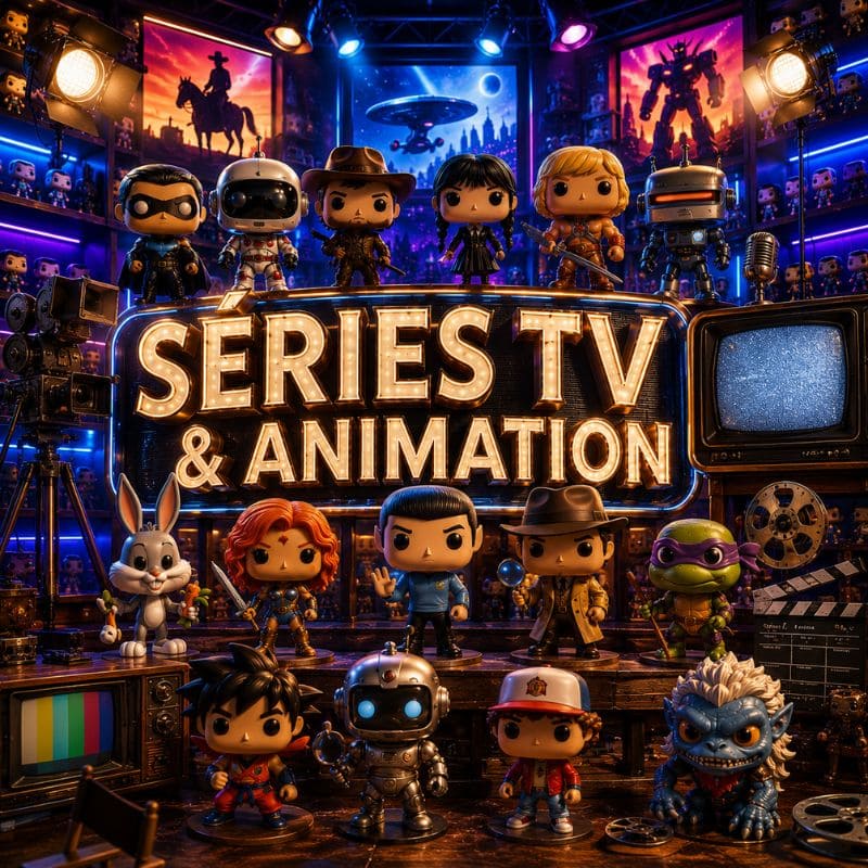 Illustration de la catégorie Séries TV & Animation avec des figurines de collection inspirées de l’univers des séries télévisées et des dessins animés dans un studio Pop Culture.