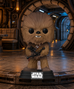 Funko Pop Chewbacca #596 dans un décor illustratif de cargo spatial
