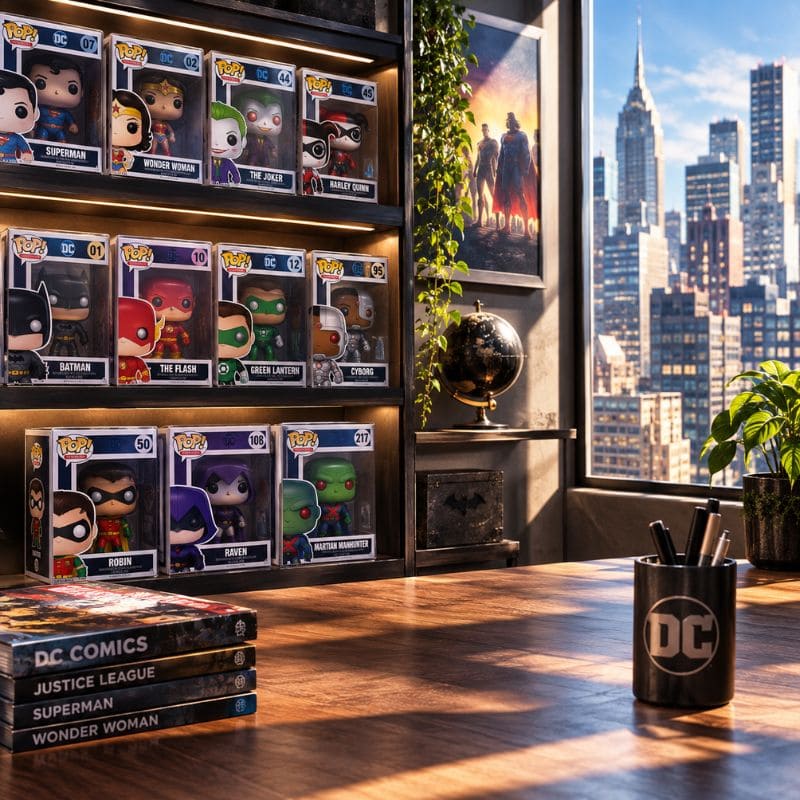 Collection de Funko Pop DC Comics en boîte exposée dans une bibliothèque geek lumineuse