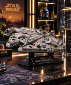Model Kit Faucon Millenium 1/144 Bandai exposé dans un espace de collection Star Wars