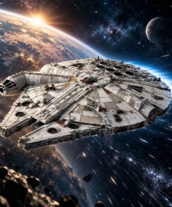 Faucon Millenium en vol dans l’espace au-dessus d’une planète