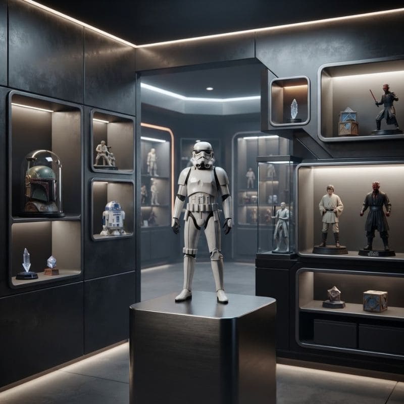 Figurines et objets de collection Star Wars exposés dans une galerie collector