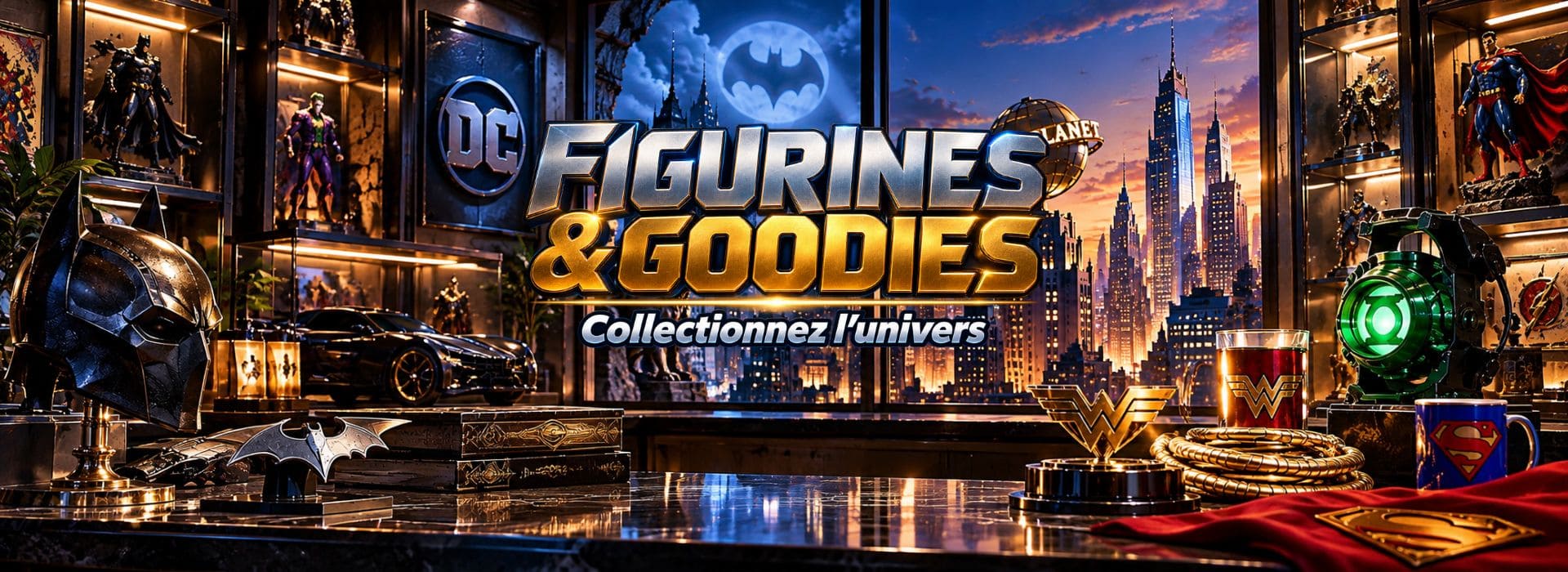 Figurines et goodies DC Comics dans une vitrine de collectionneur