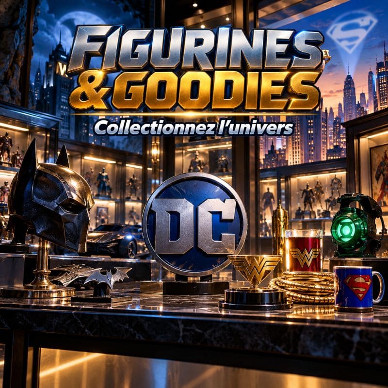 Figurines et goodies DC Comics dans une vitrine de collectionneur
