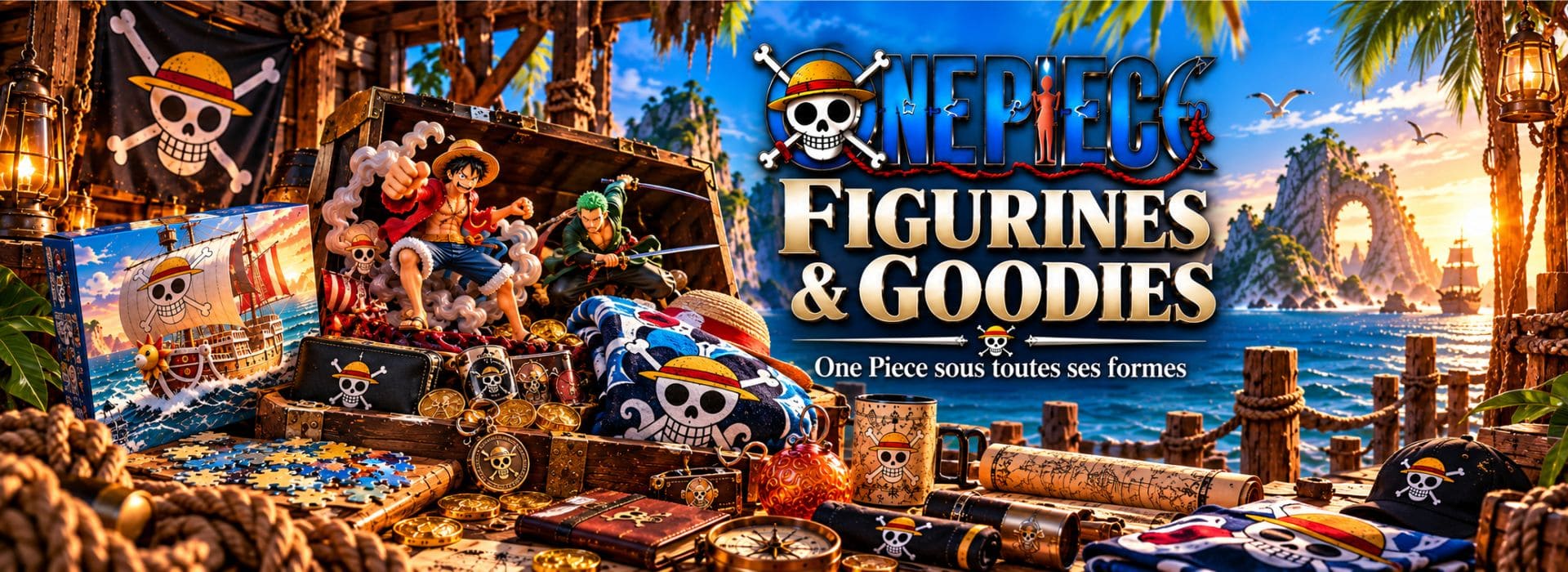 Figurines et goodies One Piece dans un décor de trésor pirate
