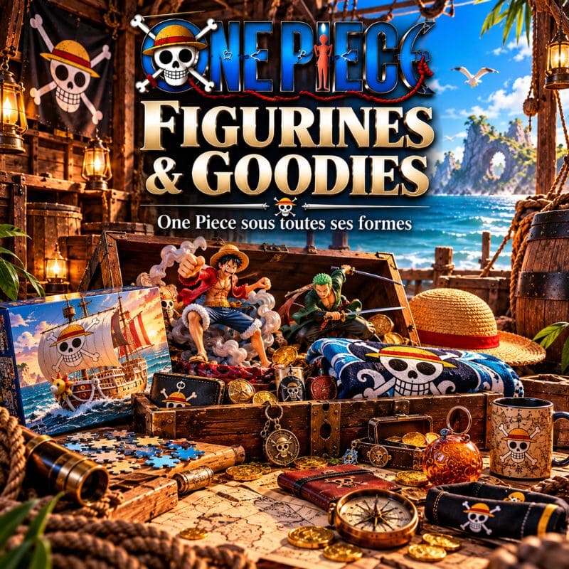 Figurines et goodies One Piece dans un univers de trésor pirate