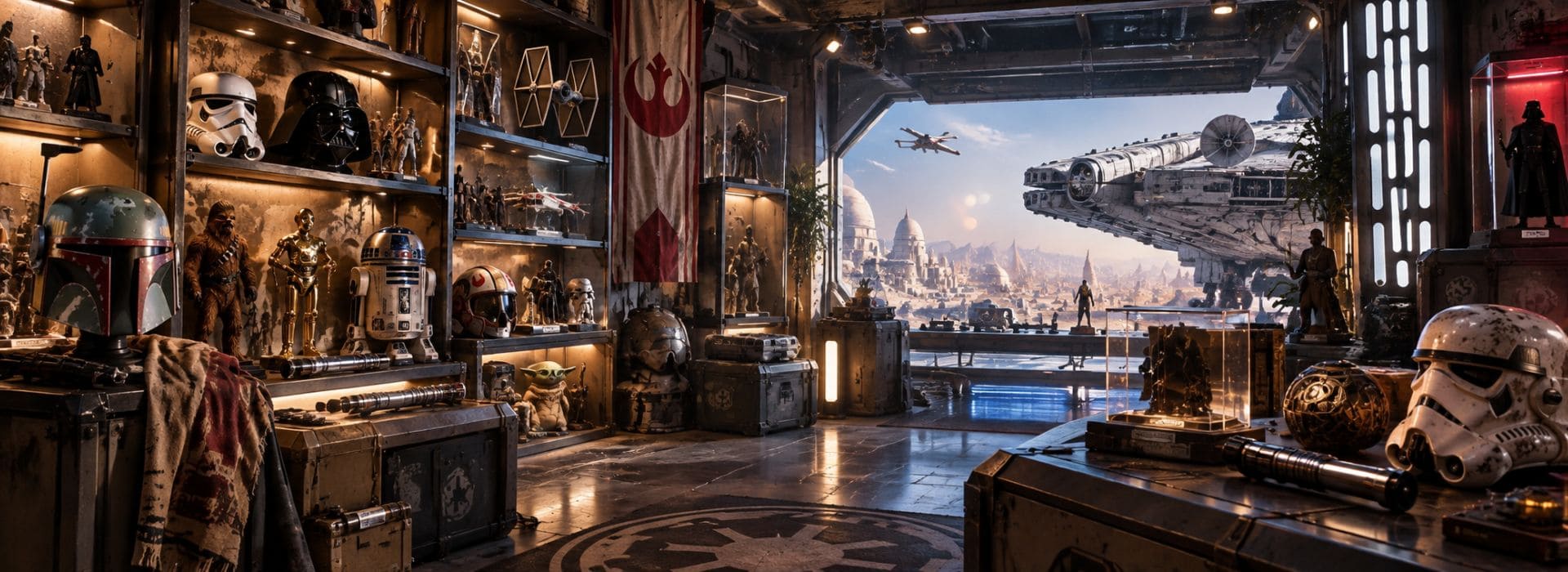 Figurines Star Wars et objets de collection dans une galerie inspirée de la galaxie