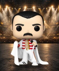 Figurine Freddie Mercury #414 avec cape sur un décor illustratif de scène rock